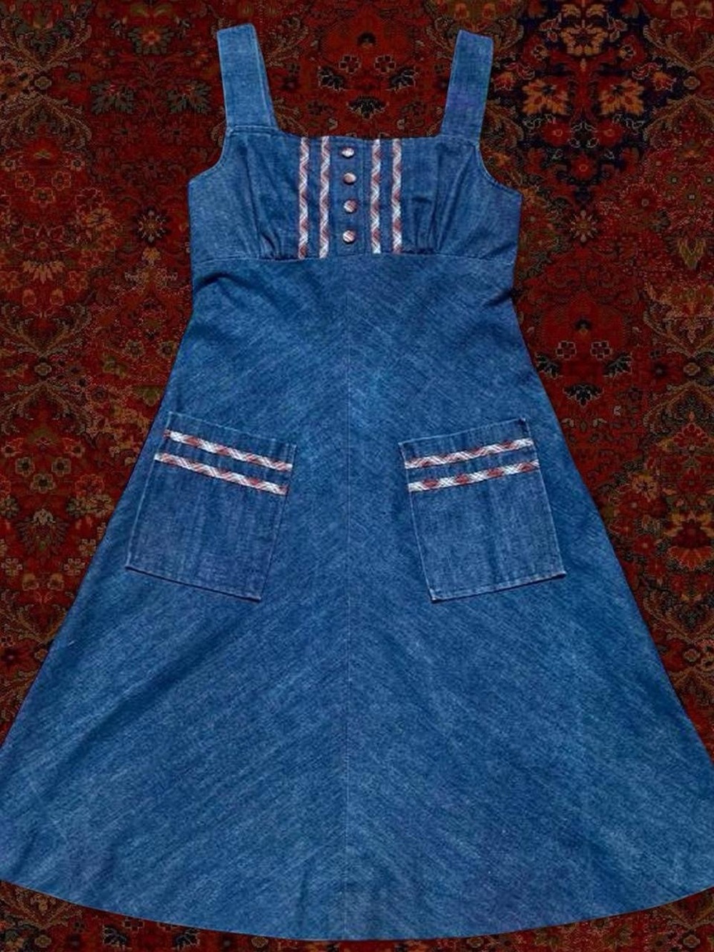 70s Denim Pinafore Dress - Blue